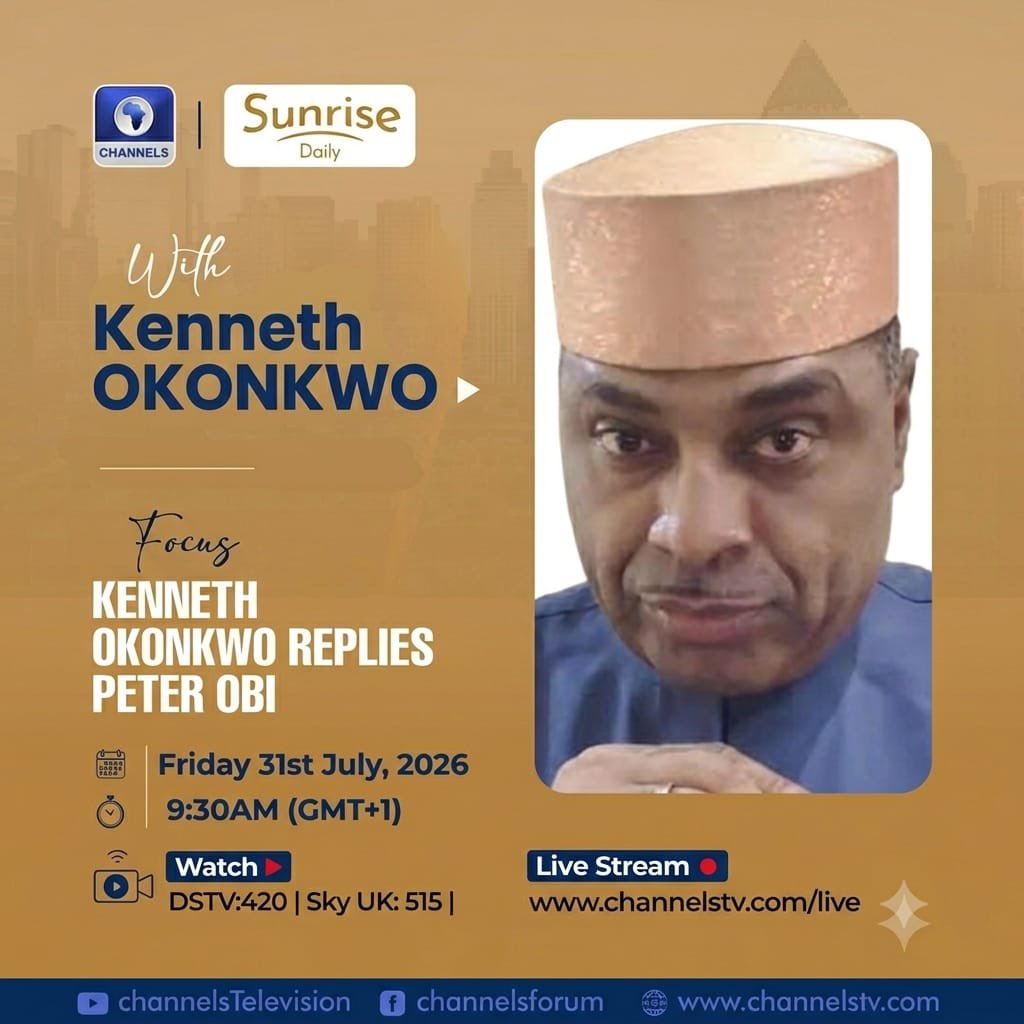 sunrisedailynow's tweet photo. Kenneth Okonkwo responds to Peter Obi’s public call for evidence and more.
This morning on Sunrise Daily | 9:30AM
Watch: DSTV 420 | Sky UK 515
Live: https://t.co/Jn57rKYA2A
#SunriseDaily #ChannelsTV https://t.co/p9GqDLZWzy