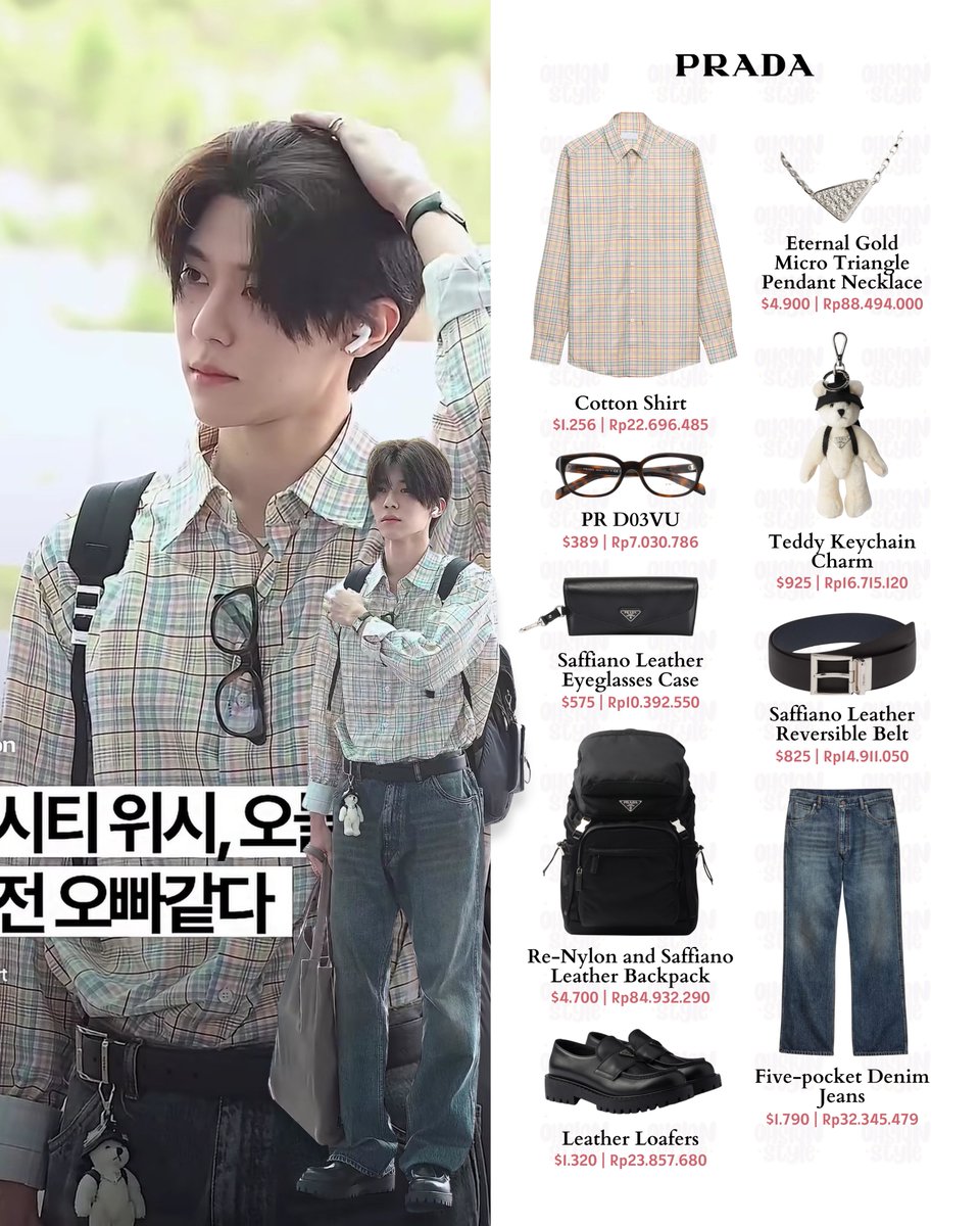 ohsionstyle's tweet photo. 260731 #SION airport today

PRADA

- Eternal Gold Micro Triangle Necklace
- Teddy Keychain Charm
- PR D03VU
- Saffiano Leather Eyeglasses Case
- ReNylon and Saffiano Leather Backpack
- Cotton Shirt
- Saffiano Leather Reversible Belt
- Five-pocket Denim Jeans
- Leather Loafers https://t.co/VTFiThVmHm