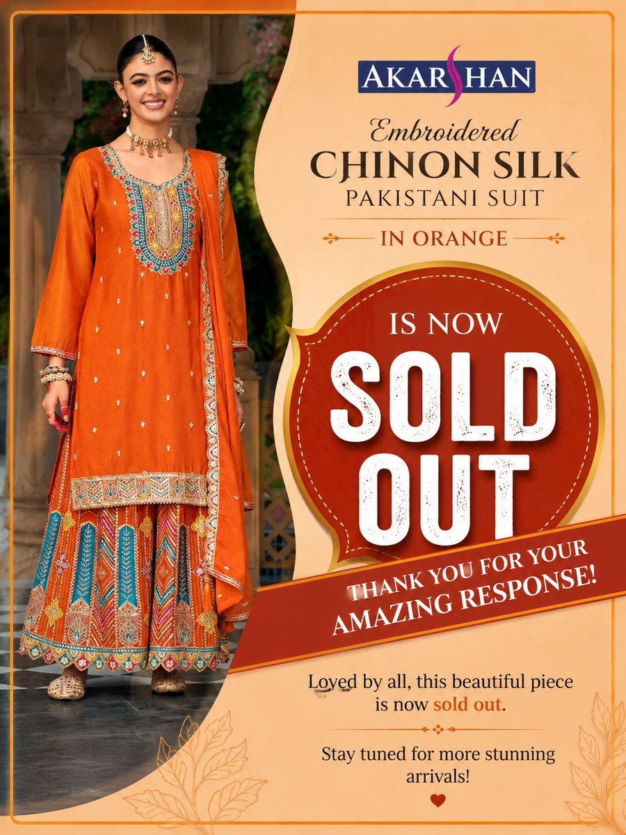 AkarshanNz's tweet photo. Your love made it happen! 💕 The Embroidered Chinon Silk Pakistani Suit in Orange is now SOLD OUT. ✨ 

#SoldOut #AkarshanNZ #PakistaniFashion #IndianFashion #NewCollection https://t.co/YbcDUEIi1b