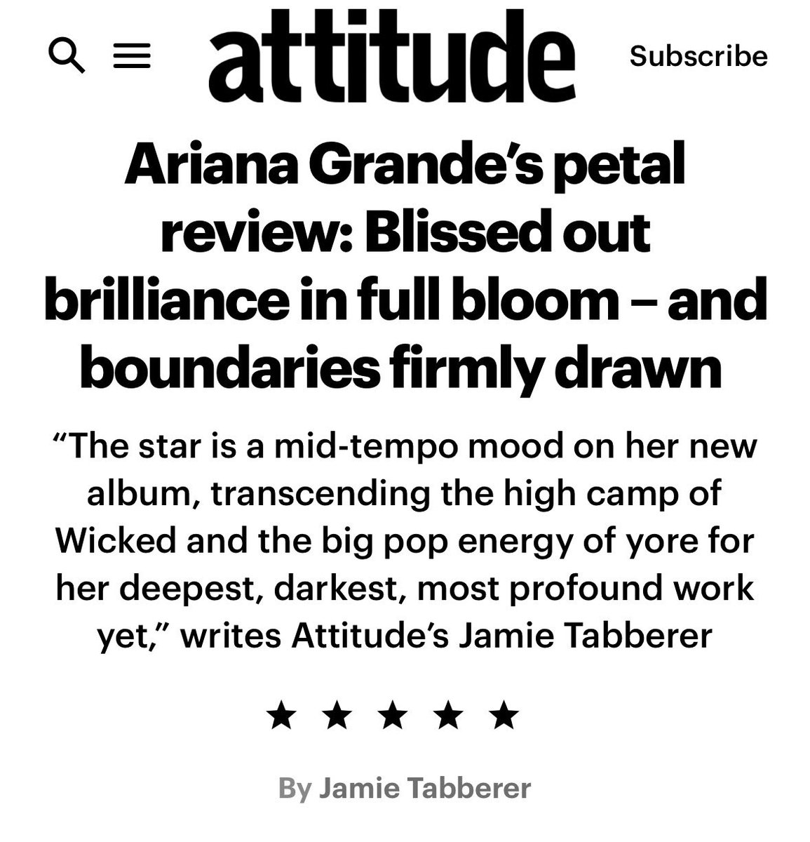 AGDailyData's tweet photo. .@AttitudeMag gives a 100/100 to Ariana Grande’s “petal”.

“The star is a mid-tempo mood on her new album, transcending the high camp of Wicked and the big pop energy of yore for her deepest, darkest, most profound work yet” https://t.co/rsZvlcMPtr