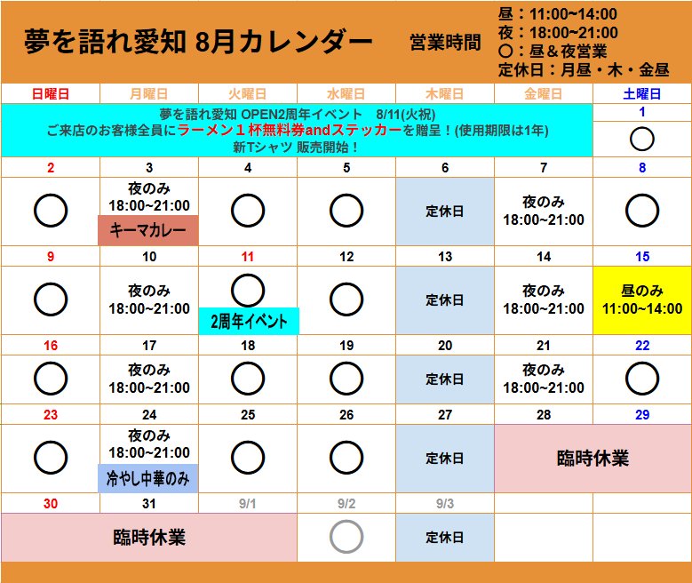 yumekata_aichi's tweet photo. 【8月営業カレンダー】

金曜日の隔週の昼営業は、学生の夏休みに併せてお休みさせていただきます。

8/3(月)キーマカレー汁なし＆通常

8/11(火祝)2周年イベント
⏩️ご来店のお客様全員にラーメン1杯無料券＆新ステッカープレゼント🎁
新グッズ販売開始
Tシャツ ドライ素材 3000円

8/24(月)冷やし中華のみ

8/28(金)~9/1(火)臨時休業

その他ゲリラで限定メニュー、トッピング等は随時チェックお願いします！