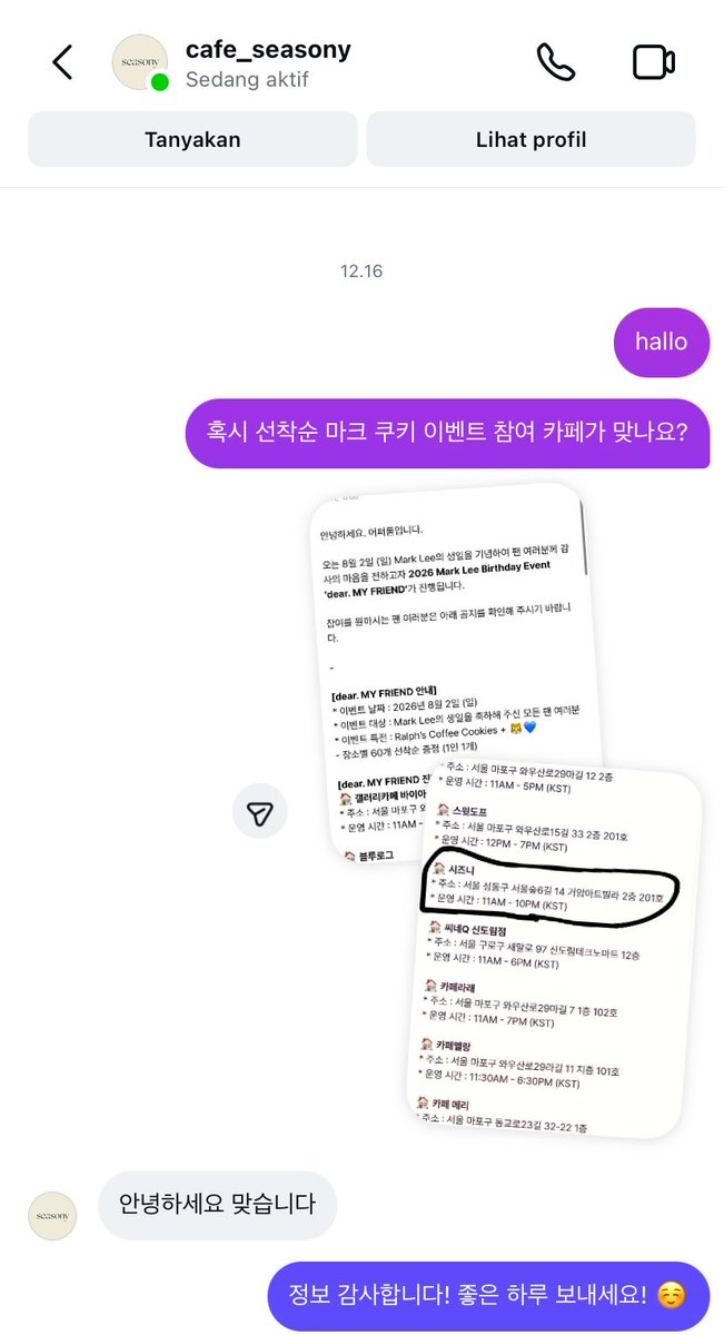 mahaekyuu's tweet photo. sudah terkonfirmasi cafe yang pernah di rekomendasi sama haechan waktu itu ternyata juga masuk jadi salah satu lokasi event birthday mark lee ‘bagi-bagi cookies’ 🥺🫶🏻 ( maaf aku dm langsung karena penasaran dan salfok nama cafe nya^_^ https://t.co/hT07BlRCb4