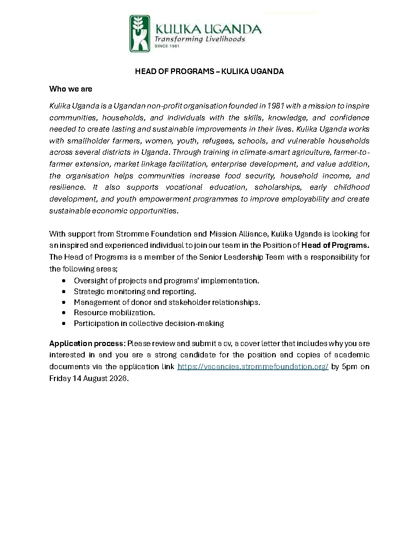 KulikaUganda's tweet photo. We are Hiring! 📢!!!!!!!!!!!!!!!!

Kulika Uganda is looking for an experienced "Head of Programs" to join our Senior Leadership Team.

🗓️ Apply by 14 August 2026, 5:00 PM
🔗 https://t.co/EDDsHk04Mr

#Jobs #NGOJobs #UgandaJobs #KulikaUganda https://t.co/yd8N2Qp6zr