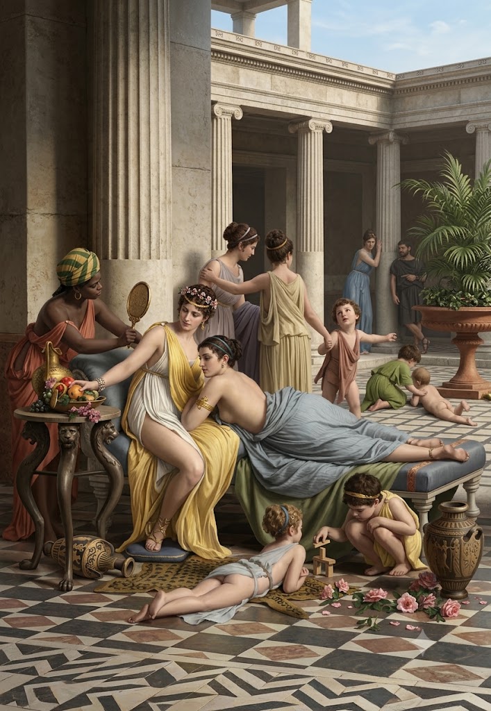 Deepinsideu2's tweet photo. I
mages showcase a rich tapestry of classical art styles, featuring detailed mythological and historical themes.

One artwork displays an outdoor landscape with a man holding a woman under a bright blue sky.

Another depicts an intricate classical courtyard filled with numerous figures in traditional garments, seated and standing around columns and decorative planters.

A third painting captures an interior scene where an older bearded figure stands near a draped bed holding a chain, overlooking two figures embracing beneath a canopy.
#GodMorning‌Friday