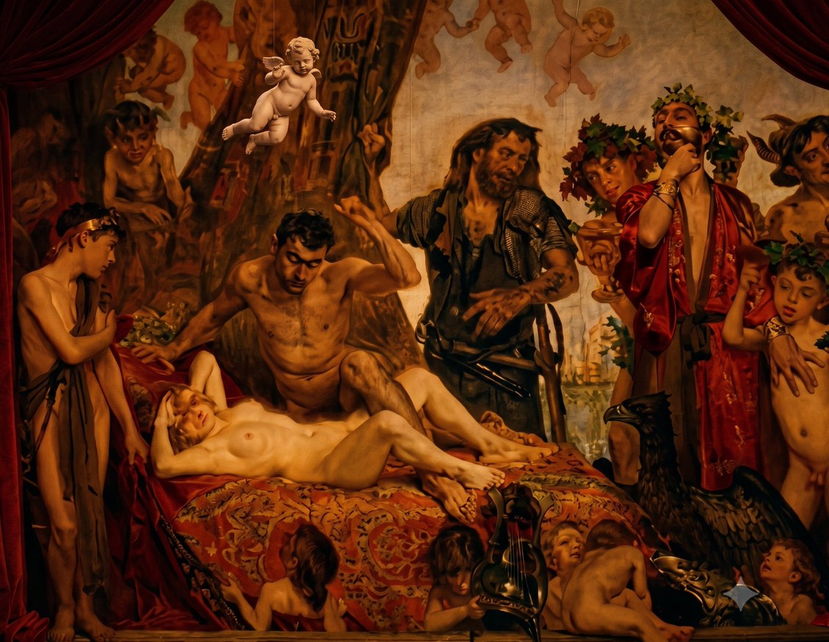 Deepinsideu2's tweet photo. I
mages showcase a rich tapestry of classical art styles, featuring detailed mythological and historical themes.

One artwork displays an outdoor landscape with a man holding a woman under a bright blue sky.

Another depicts an intricate classical courtyard filled with numerous figures in traditional garments, seated and standing around columns and decorative planters.

A third painting captures an interior scene where an older bearded figure stands near a draped bed holding a chain, overlooking two figures embracing beneath a canopy.
#GodMorning‌Friday