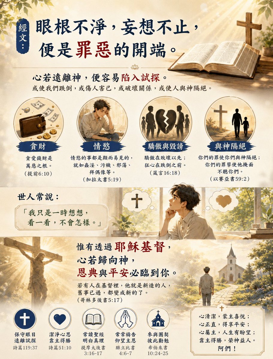 Brian870504's tweet photo. 📘《色心一起，禍福已分》

經云：眼根不淨，妄想不止，便是災禍的開端。

很多人不以為然，
覺得不過是「看看、想想」，
無傷大雅。

卻不知道——
👉禍患，往往就是從這一念開始。

🪴一念色心，種下禍根

當色心一起，
看似只是心中一動，

實際上，
已經在心中種下一顆種子。

這顆種子，
未來可能以各種形式顯現：

🍁或損財運，
🍁或傷身體，
🍁或壞名聲，
🍁或影響家庭、子女。

不是立刻發生，
但若任由欲念增長，
往往容易帶來不良的後果。

世人最常見的誤區

太多人說：

🌻「我只是想一想。」
🌻「我只是看一看。」
🌻「不會有什麼影響。」

但真正需要警覺的，從來不只是行為本身，

而是——
👉心，是否已經開始放縱。

一念不止，
便容易生出第二念、第三念，

久而久之，便可能形成習慣，
甚至失去自制力。

不是沒事，而是還沒到時候
很多人之所以不警覺，

只是因為：
眼前還沒有看見後果。

有些影響，
並非立即出現，

而是在日積月累之中，
慢慢改變一個人的身心、習慣與人生方向。

等到問題浮現時，
往往已經積累許久。

淨心，才是真正的護身之道

與其事後懊悔，￼

不如在當下一念，
及時回頭。

當念頭剛起時：

🍐能覺察，
🍐能止住，
🍐能轉念。

👉這才是真正的修心。

每一次守住自己的心，
都是在守護自己的品德、
家庭與未來。

禍福，其實就在一念之間

可以這樣理解：
🪻淨一念心，便增一分福；
🪻縱一念欲，便添一分患。

一個人的人生走向，
往往不是由一次選擇決定，

而是由無數個
👉「起心動念」慢慢累積而成。

📌結語

色心若不加以節制，
容易使人迷失方向；

心若清淨，
便更容易活得安定、自在。

🌷願讀到這篇文章的人，

都能在念起之時，
🥀多一分覺察，
🥀少一分放縱。

守住這一念，
👉就是守住自己的人生。￼
#耶和華 #敬畏神 #遠離邪淫