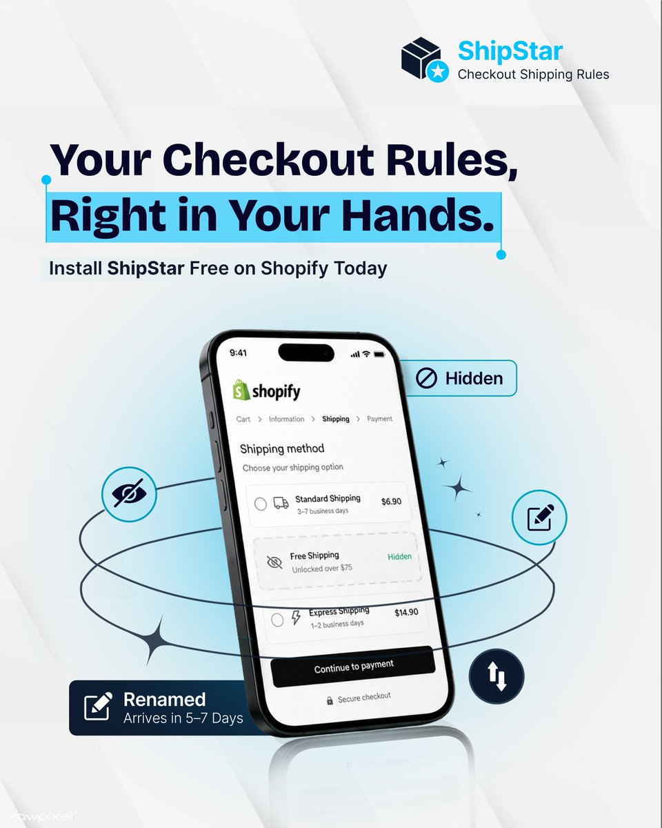 aappshopxgmail's tweet photo. Your Checkout Rules. Right in Your Hands.
With ShipStar, you can:
Hide shipping methods
Rename delivery options
Reorder shipping methods
Build checkout rules—no code required
Install ShipStar FREE today.
#Shopify #ShipStar #ShippingRules #Checkout #eCommerce https://t.co/wZq0LKx1pM