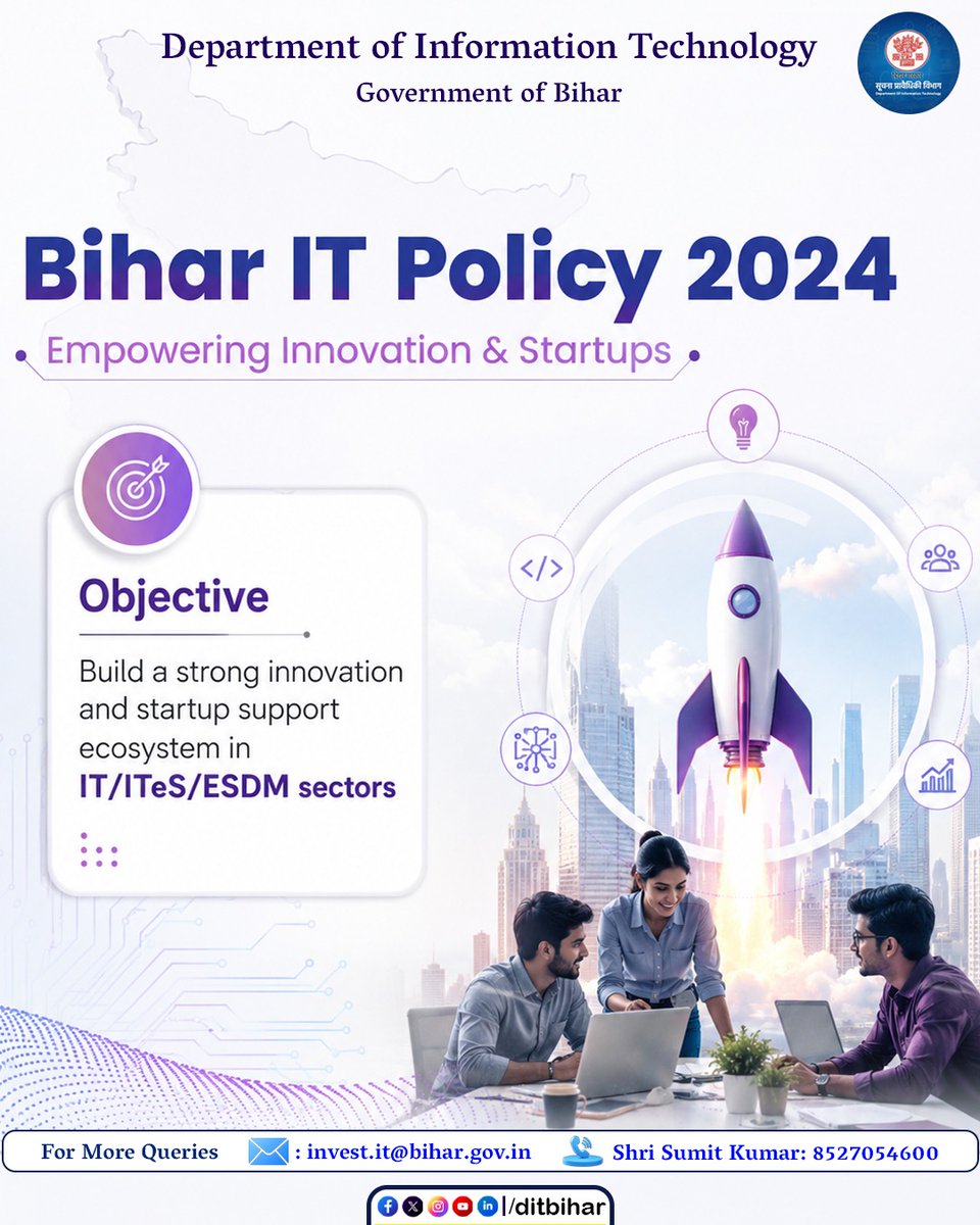 DitBihar's tweet photo. The Bihar IT Policy 2024 is designed to foster innovation, strengthen the startup ecosystem, and accelerate growth across the IT, ITeS, and ESDM sectors.
@mishranitish
@AbhaySinghIAS
#BiharITPolicy2024 #InvestInBihar #StartupBihar #DigitalBihar #Innovation #IT #ITeS #ESDM #TechInnovation #StartupEcosystem #EaseOfDoingBusiness #BiharGovernment #DepartmentOfIT #FutureReadyBihar #BuildInBihar