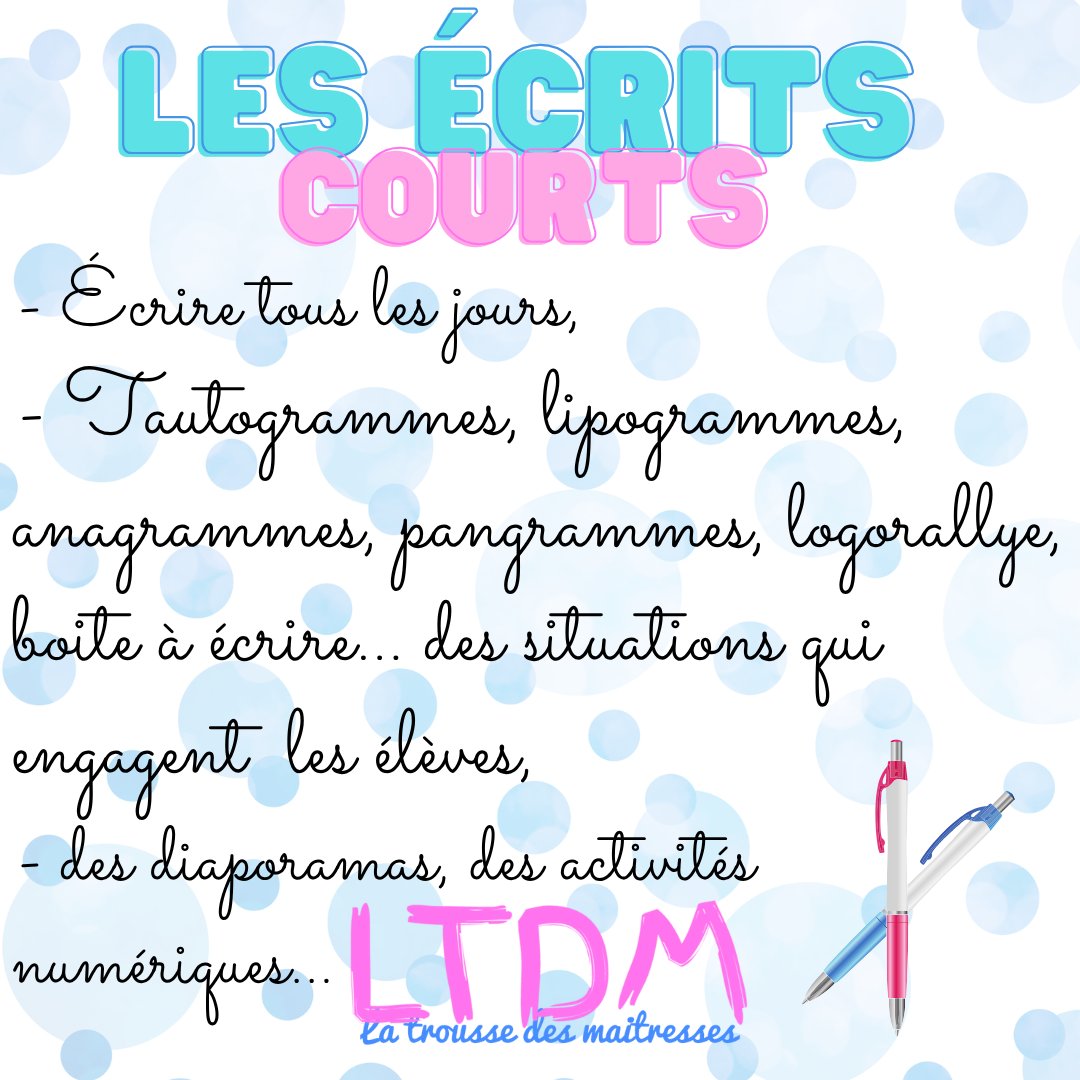 TrousseMaitress's tweet photo. #UnJourUneIdée : Les écrits courts 
https://t.co/PgYVDbHHwm Il est important d'écrire régulièrement. Voici différents exemples d'écrits courts à tester dans vos classes. Nous vous partageons nos diaporamas, nos activités... 

#TeamPE #TeamC2 #TeamC3 #Ecriture https://t.co/J2p7jkNHW0