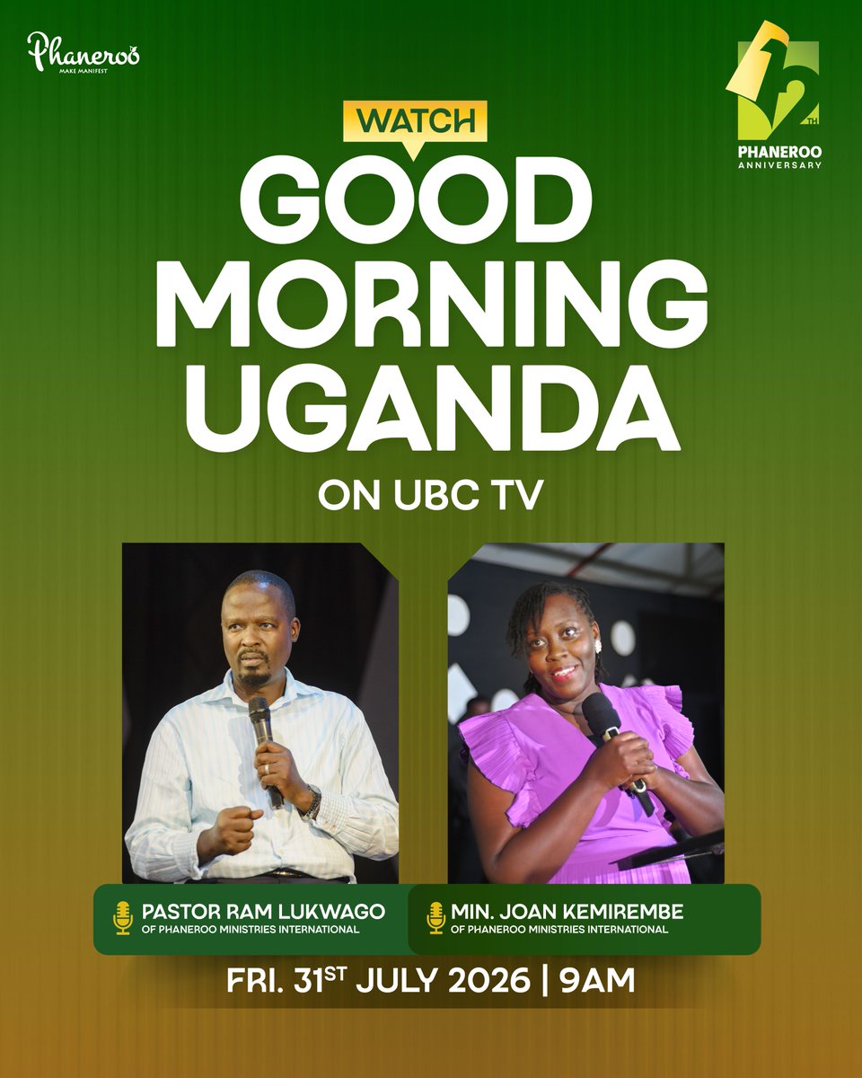 Phanerookampala's tweet photo. ๐บ Tune in to @ubctvuganda TV for the Good morning Uganda Show this morning, 31st July 2026 at 9am EAT | the guests are Pastor Ram Lukwago and Minister Joan Kemirembe.
#PhanerooAt12 | #ANewChapter https://t.co/DoJxXLmYPS