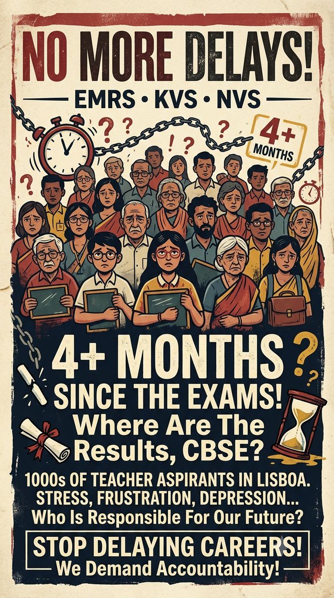 DharamlalS's tweet photo. 4 months have passed, yet the EMRS, KVS &amp; NVS recruitment results are pending. How long must the future educators of our nation wait? Timely recruitment is not a privilege—it's a responsibility. @cbseindia29 @EduMinOfIndia @JoshiPralhad please declare the results. #FutureTeachers https://t.co/4lHKfR4ubF