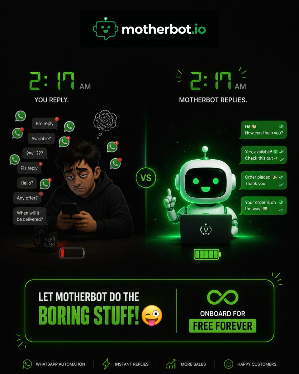 motherbot_io's tweet photo. 2:17 AM

You 😴

MotherBot 🤖

Customer gets a reply anyway.

That's #automation. https://t.co/owwk1yPXE2
