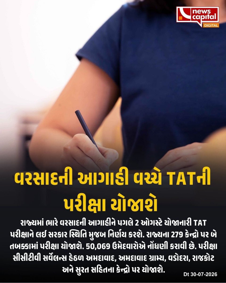 PARIKSHA31's tweet photo. TAT HS ની મેન્સ પરીક્ષા વરસાદના માહોલ વચ્ચે પણ લેવાશે.(ગુજરાતના મુખ્ય શહેરોમાં લેવાશે)

લગભગ 50000 જેટલા ઉમેદવારો પરીક્ષા આપશે.

વરસાદની હાલની સ્થિતિ જોતાં એક દિવસ અગાઉ જે તે સીટીમાં પહોંચી જવું જેથી હેરાન ન થવાય અને પરીક્ષાના સમયે પહોંચી શકાય.

All the Best All Future Teacher.👍 https://t.co/ol8UrdeQMs