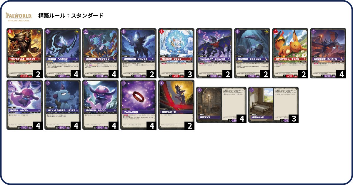 PalworldOCG's tweet photo. ◤#パルワールドカードゲーム 更新情報◢ 

第1弾「パルパゴスの夜明け」のカードを使った、
おすすめデッキを公開いたしました！

🐉竜属性デッキ
🪵素材デッキ
🍏食材デッキ
🌃夜行性デッキ

ぜひ自分だけのデッキも作ってみてください✨ https://t.co/q3x5036GeC