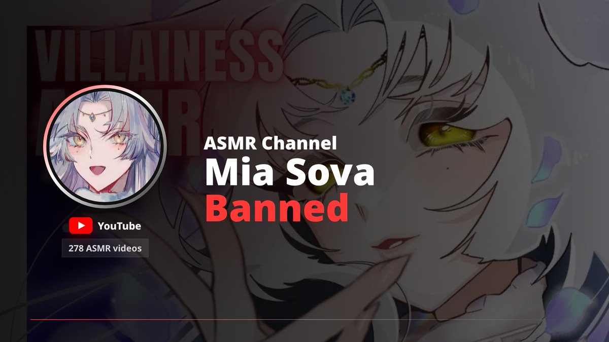 ASMRchivistVT's tweet photo. 🚨 New ASMRtist Ban

Mia Sova has been removed from YouTube https://t.co/sVyW71eNF3