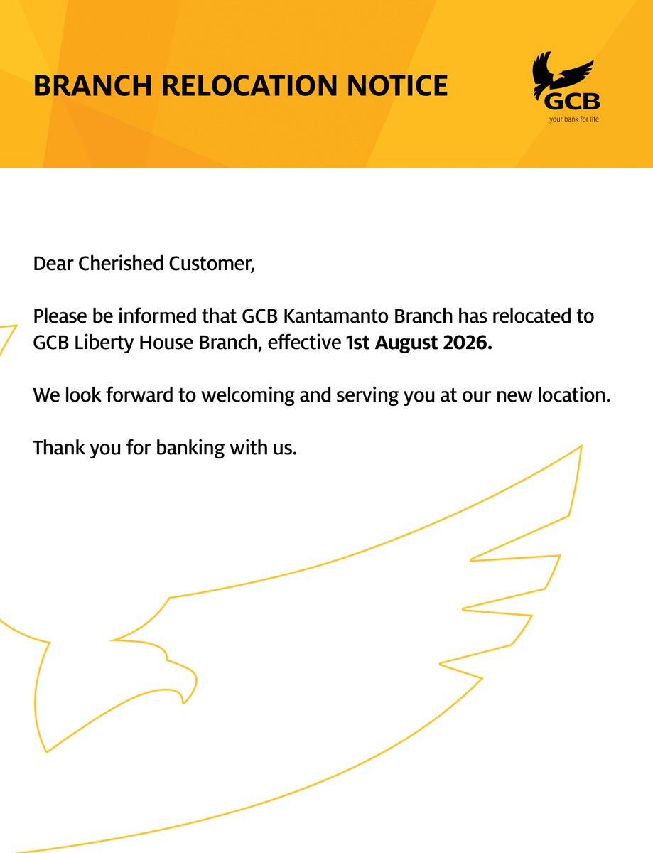 GCBBankPLC's tweet photo. For your immediate attention, please.

#GCBCares #BranchRelocation #Kantamanto #Achimota #GCB #YourBank4Life https://t.co/4dqIFOwoE3