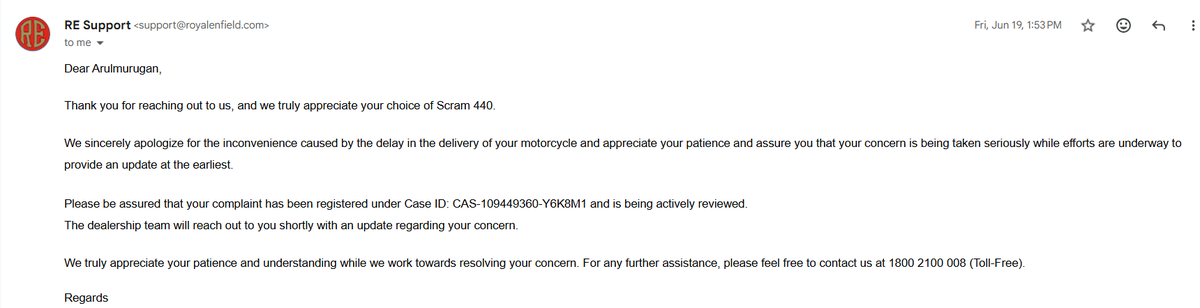 Arulaahva's tweet photo. @royalenfield Dear Royal Enfield,

I already know what happens next. Your customer care team will call me and ask for details again and then redirect me back to the showroom.

For your information, I've already spoken with your support team over calls and email on June 19. https://t.co/VUCPLRV9uB