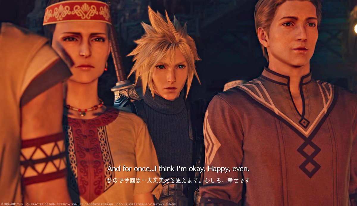 gohan_sephiroth's tweet photo. 続:FF7R2 #エアリス の告白における日本語と英語の違い
4.)「だから もう大丈夫 報われました」
本来、むしろ幸せ(大丈夫どころか幸せ)と、報われた(=色々つらかったけど帳消しになった)は結構違う。でもこれまで仲間がいないエアリスだから、仲間が出来ただけでも報われた=むしろ幸せなんだろうね。→ https://t.co/1bGRdmkNL6