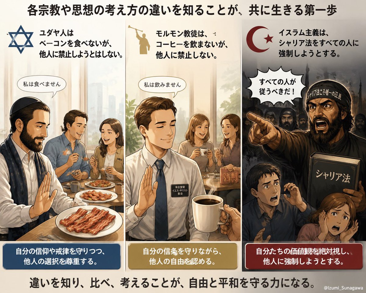 Izumi_Sunagawa's tweet photo. ユダヤ人はベーコンを食べないが、
他人に禁止しようとはしない。

モルモン教徒はコーヒーを飲まないが、
他人に禁止しない。

一方、イスラム教徒は、
シャリア法を全ての人に強制しようとする。

ここが決定的な違い。

だからイスラム教徒は嫌われる。 https://t.co/uPdudVdSO4