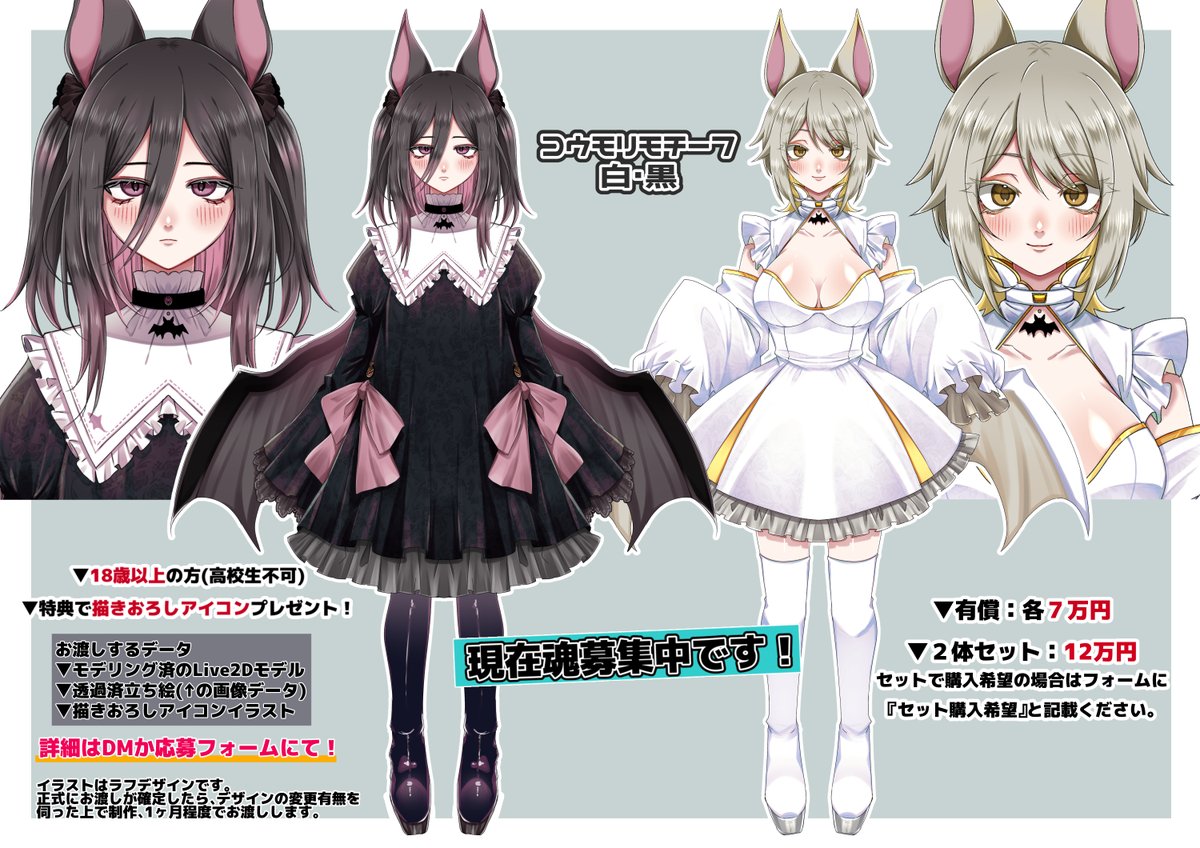 Dumpling_Vtuber's tweet photo. こちらのモデル2体、割引価格で #魂募集 します✨
※セット購入割・2回までの分割支払いに対応出来ます※

・配信ノルマなし！
・配信未経験可！
・ラフデザインで募集のため、好みのカラー、多少のデザイン変更に対応出来ます🙌
友達と一緒に購入してVtuberデビューも出来ます😊

不明な点ありましたらDMかリプでご連絡ください。

応募フォーム↓
https://t.co/frIqP8Zhft