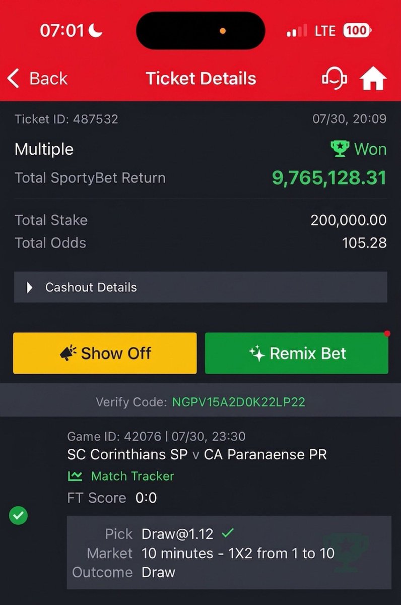 TEMMYvh's tweet photo. Cashout from 100 odds ✅ Boooom congratulations 🎊🎈🍾🎉 . https://t.co/KLQOpKZIc7