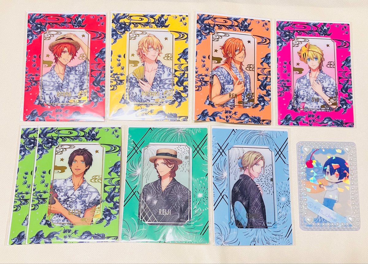 4190_chun's tweet photo. 【交換・譲渡】うたプリ　グラショ　浴衣

譲
①ビジュカ:★音也.那月.☆レン.★翔.セシル2.☆嶺二.☆カミュ
②マドポチ:那月.翔
③特典:翔.嶺二
④マステ:蘭丸.カミュ
求
①②真斗.定価+送料
③トキヤ(友人分)>真斗
④真斗

詳細はリプへ→ https://t.co/0VlBd9EtNZ