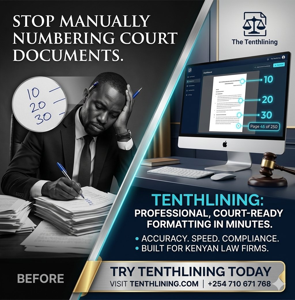 Whitebox_Ke's tweet photo. Tenthlining is a legal-tech tool built for Kenya's court e-filing system. It automates two tasks that legal professionals currently do manually: numbering every tenth line of a pleading &amp; splitting large documents into properly organized volumes. @TenthLining_Ke @ICTAuthorityKE https://t.co/AhfKqXNwsk