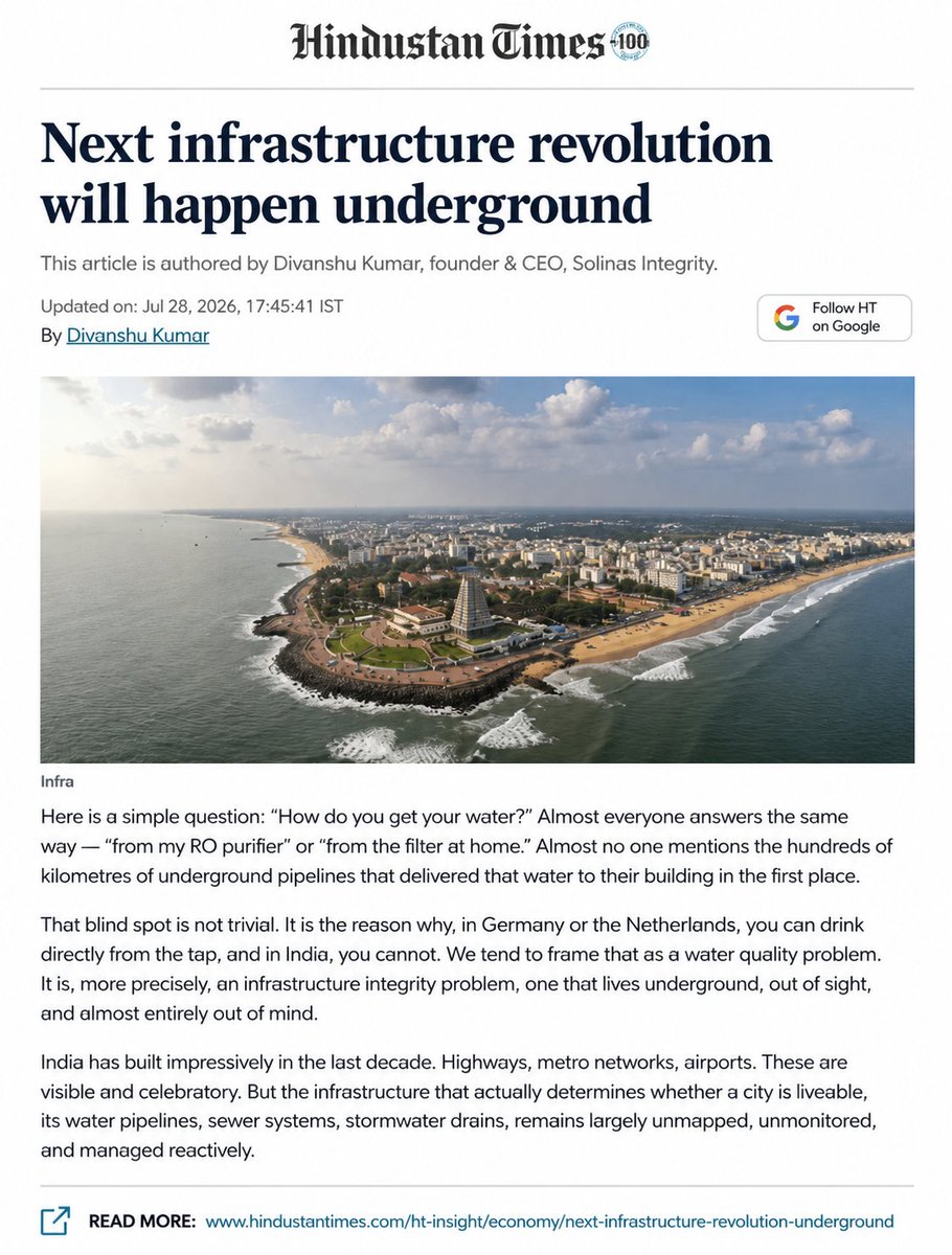 solinas_in's tweet photo. India's next infrastructure revolution won't happen above the ground. It will happen beneath it.

Proud to share a thought leadership article by our Founder &amp; CEO, Divanshu Kumar, featured in Hindustan Times @htTweets! https://t.co/OAjtXjwdKI