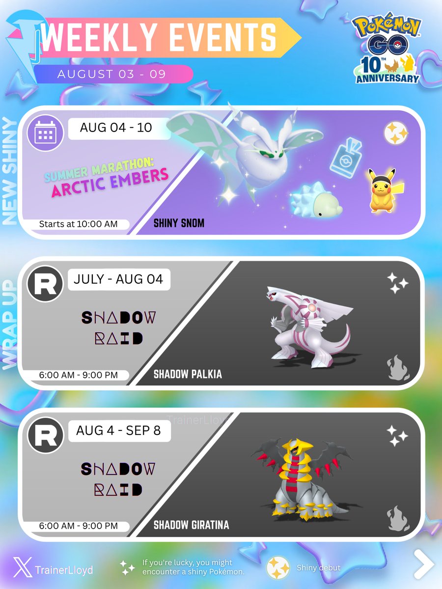 Trainerxlloyd's tweet photo. Pokémon GO weekly roadmap August 03 - 09 🗓️

✨ Shiny Snom Debut ❄️ 
🚨 Dynamax Magmar Max Monday
🌐 Lake Trio Raids (Uxie, Mesprit, Azelf)
🌑 Shadow Giratina
🔥 Mega Blaziken
🐣 Fire &amp; Ice Hatch Day

#PokemonGO #PoGO #ShinySnom #ShadowGiratina #Pokemon #Shiny #Mega #PokemonGO10 https://t.co/1PKPrgxbEg