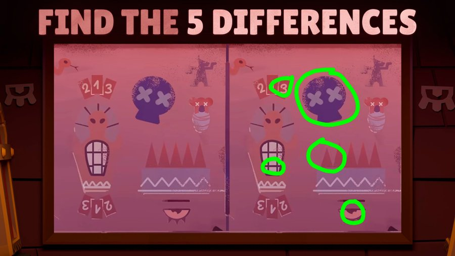 bastndres's tweet photo. @BrawlStars 1- calavera girada    
2- el numero 3 es diferente  
3- las formas triangulares tiene un triangulo mas pequeño  
4- los dientes o ventana, tienen una linea diferente  
5- el ojo tiene el brillo cambiado 
#BrawlStars y #EscapePyramidQuest! https://t.co/cCETZN12O0