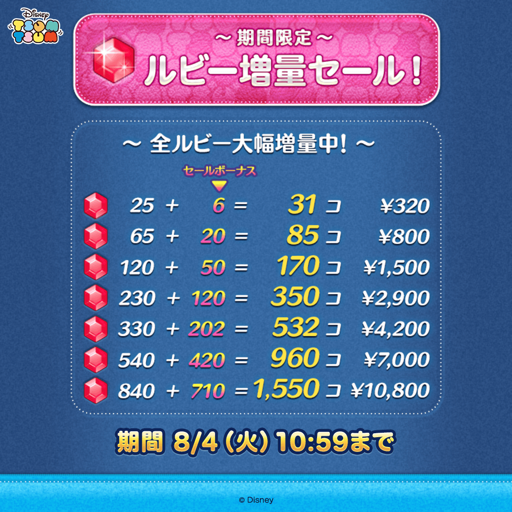 LINE_tsumtsum_j's tweet photo. ＼ルビー増量セール開催中💎／
 
セールボーナスをチェックして
ルビーをお得に購入しよう💛
 
期間は8/4(火)10:59まで⏰
 
#ツムツム
