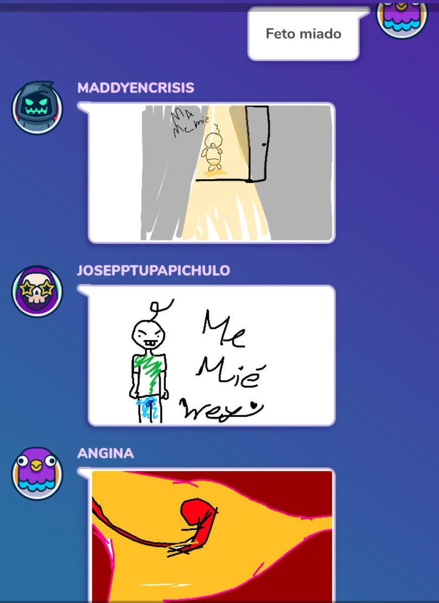 theCandycoffee's tweet photo. Jugando gartic con mis primas JAJDJAJA
1-El cuello le mide lo mismo que la cintura 
2-no me dio tiempo 
3- al final eran reptilianos  peleando
4- Era literal lo de feto https://t.co/QNMqdAzNBg