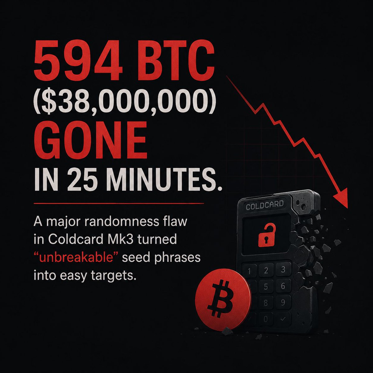 Signal24_app's tweet photo. 594 BTC ($38,000,000) gone in 25 minutes.
A major randomness flaw in Coldcard Mk3 turned "unbreakable" seed phrases into easy targets.🚨🚨

#Bitcoin #CryptoSecurity #Coldcard https://t.co/hdLFRA7Cma