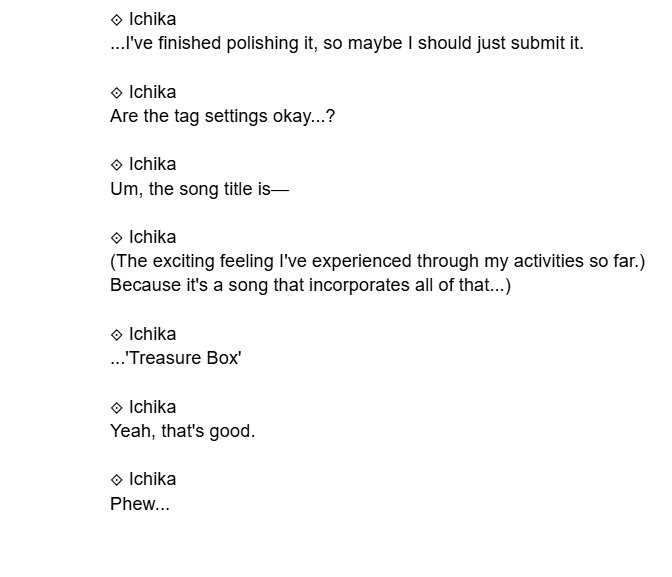 RWYEVE's tweet photo. // ichi7 spoilers

ughhhh her naming the song she wrote in this event "treasure box" because the song contains all her emotions and excitement she's experienced producing songs, but also represents her 'locking' herself out of it in a way by deciding not to sign with an agency. https://t.co/vNgIOCLeoR