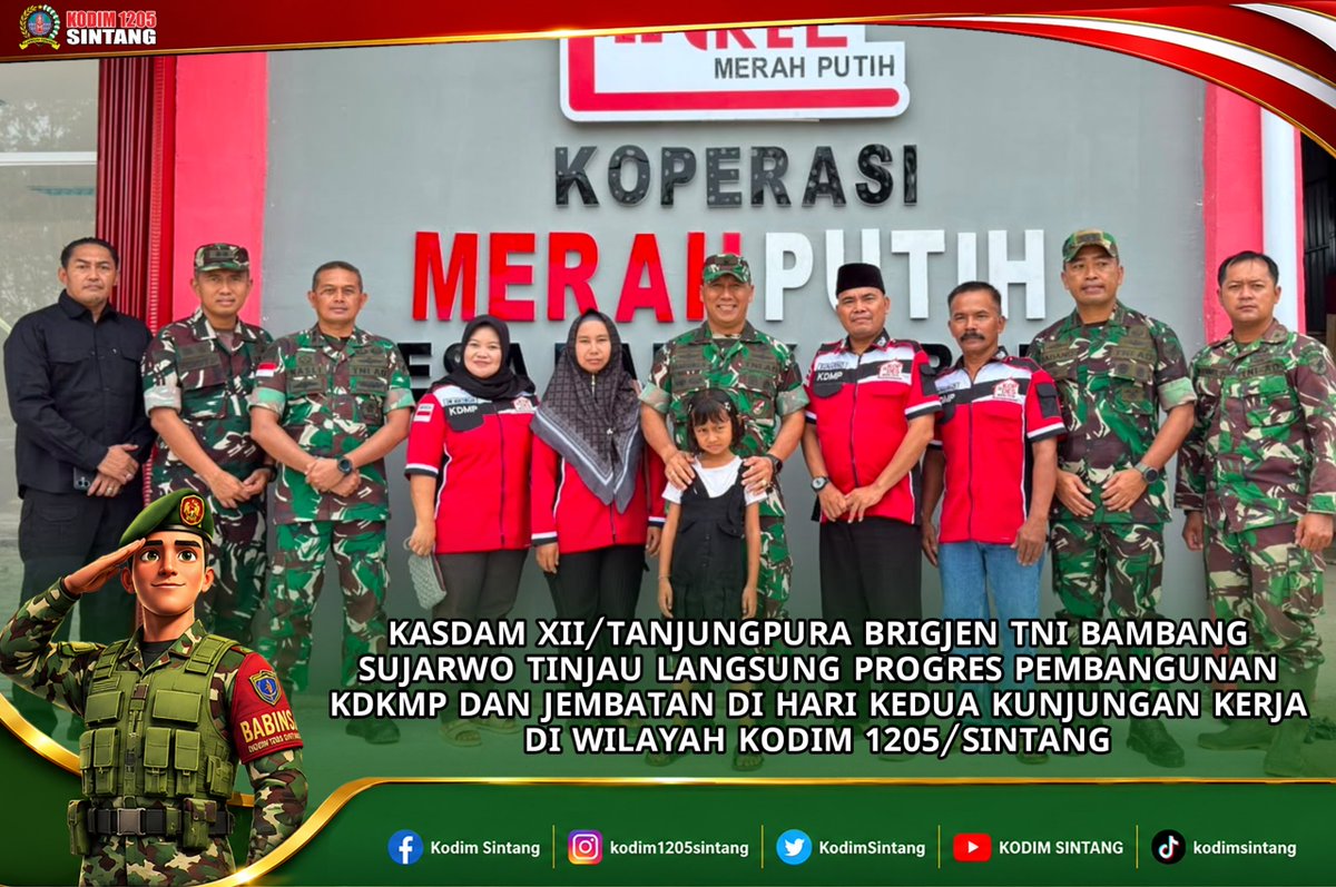 KodimSintang's tweet photo. KASDAM XII/TANJUNGPURA BRIGJEN TNI BAMBANG SUJARWO TINJAU LANGSUNG PROGRES PEMBANGUNAN KDKMP DAN JEMBATAN DI HARI KEDUA KUNJUNGAN KERJA DI WILAYAH KODIM 1205/SINTANG https://t.co/JLp9i1VDxR