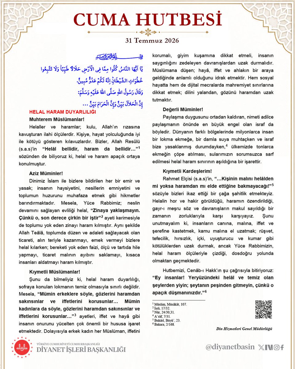 diyanetbasin's tweet photo. Cuma Hutbesi: "Helal Haram Duyarlılığı"

https://t.co/jGYyjHAiN9 https://t.co/OoX0n4KfRU
