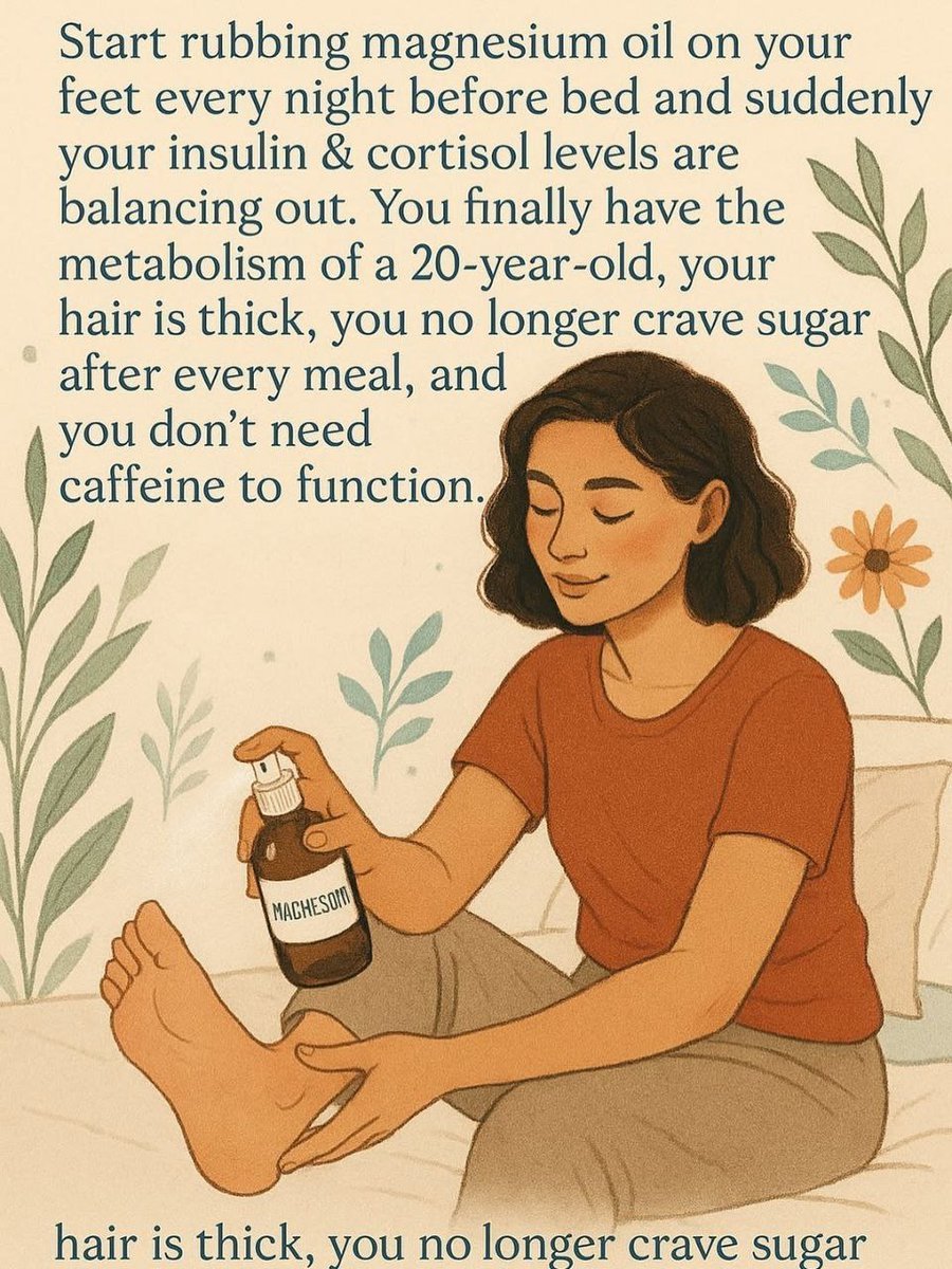 Fa21519230's tweet photo. 📌📌 Rociar aceite de magnesio en tus pies antes de dormir puede transformar por completo tu sueño y tus hormonas...
• Tus niveles de insulina y cortisol se equilibran
• Obtienes el metabolismo de una persona de 20 años
•Tu cabello se vuelve grueso y saludable
• Ya no tienes antojos de azúcar después de cada comida
• Ya no necesitas cafeína para funcionar
3 pasos:
1. Rocía aceite de magnesio en las plantas de tus pies
2. Masajea durante 1 o 2 minutos
3. Ve a la cama y duerme placentermente...