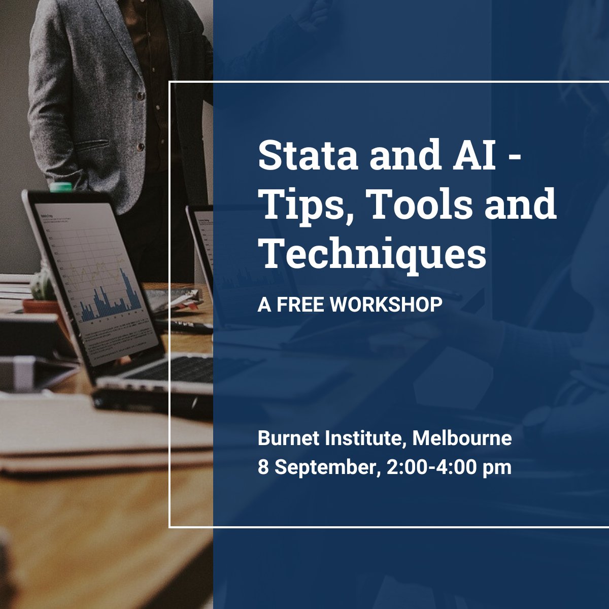 SDAS_ANZ's tweet photo. Calling all Melbourne Stata users! SDAS is running a free workshop at the Burnet Institute on using AI with Stata on 8 September at 2pm. Learn some simple approaches to integrate AI into your work with Stata. Register at https://t.co/A4wQrPDwDv https://t.co/3ktggE05hN
