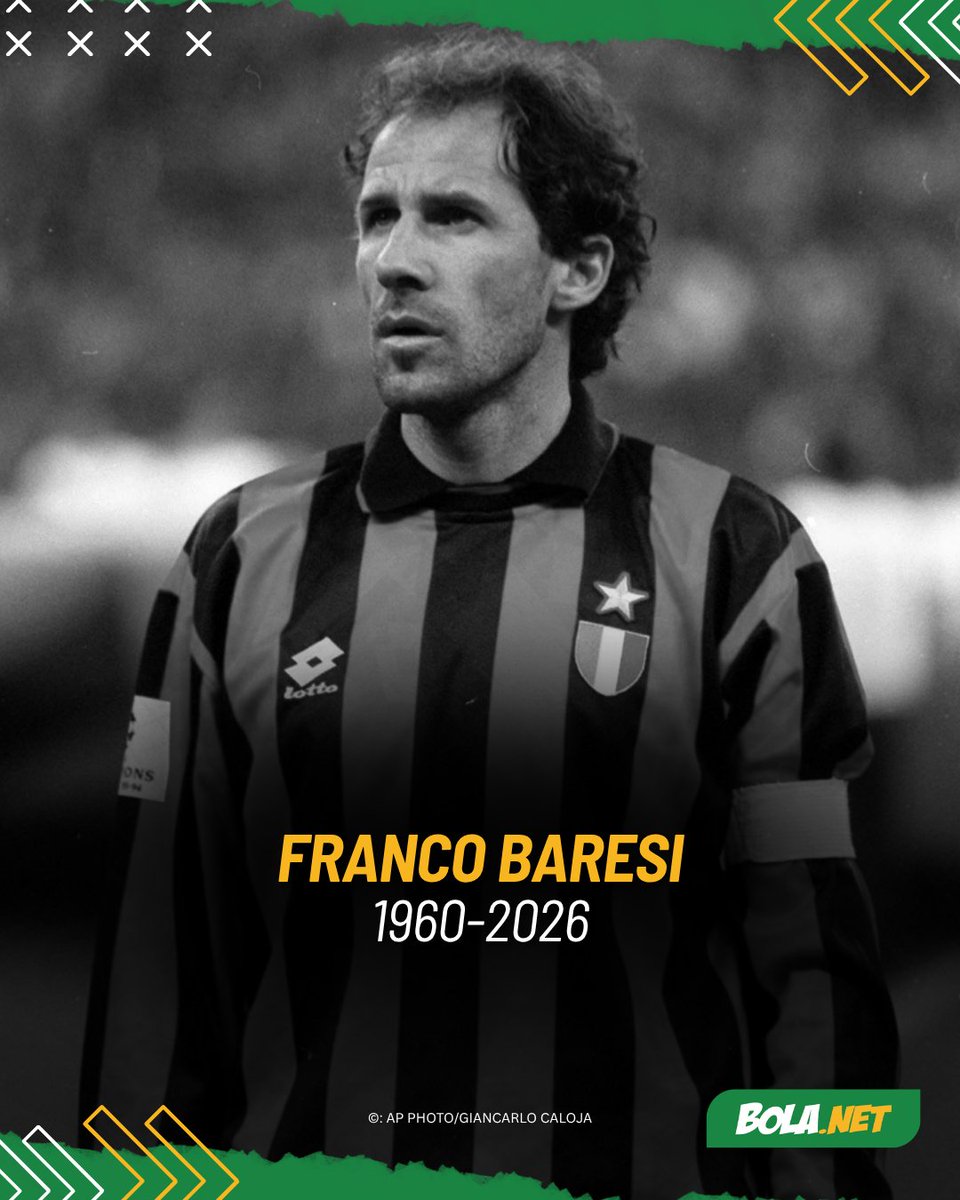 Bolanet's tweet photo. Kabar duka datang dari sepak bola Italia. Legenda AC Milan dan Timnas Italia, Franco Baresi dikonfirmasi telah berpulang ke Sang pencipta.  

Baresi merupakan salah satu ikon dari AC Milan. Dikenal sebagai salah satu bek tengah terbaik di eranya, Baresi 20 tahun membela AC Milan dari tahun 1977-1997 silam.  Baresi juga 12 tahun membela Timnas Italia dari tahun 1982 hingga 1994 silam, di mana ia memainkan peran penting untuk membawa Gli Azzurri memenangkan Piala Dunia 1982 silam.  

Hari ini, Jumat 31 Juli 2026, sepak bola Italia berduka. Franco Baresi dikonfirmasi telah berpulang di usia 66 tahun. 

#ligaeropa #update #contentlab #blcbm