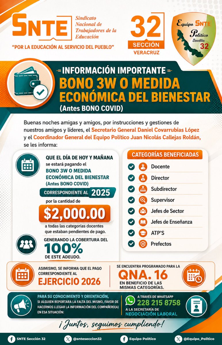 snteseccion32's tweet photo. 📢 Se informa que los días 30 y 31 de julio se realiza el pago del Bono 3W 2025 ($2,000), cubriendo el 100% del adeudo pendiente.

Si presentas alguna incidencia, envía nombre y RFC al WhatsApp 228 215 8758.

 #SNTE32 #EquipoPolítico https://t.co/cdCf72e3ut