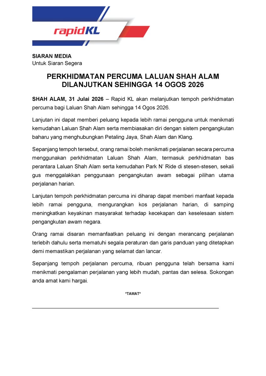 myrapidkl's tweet photo. Siaran Media

PERKHIDMATAN PERCUMA LALUAN SHAH ALAM DILANJUTKAN SEHINGGA 14 OGOS 2026 https://t.co/Y2GCJ2rYUq