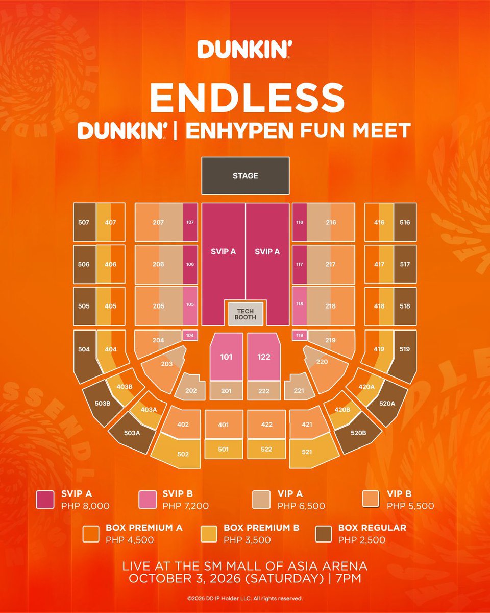 AsiaEnhypen's tweet photo. INFO | 260731

The seat plan, ticket prices, and merchandise inclusions for the DUNKIN’ ENDLESS ENHYPEN FUN MEET with ENHYPEN’s JUNGWON, JAY, JAKE, SUNGHOON, SUNOO, and NI-KI have been revealed! 🧡

Follow @dunkinph and stay tuned for the ticketing details.

📍SM Mall of Asia Arena
🗓️ October 3, 2026 (7:00 PM)

#DunkinPH_ENDLESS #ENDLESSFunMeet
@ENHYPEN_members @ENHYPEN