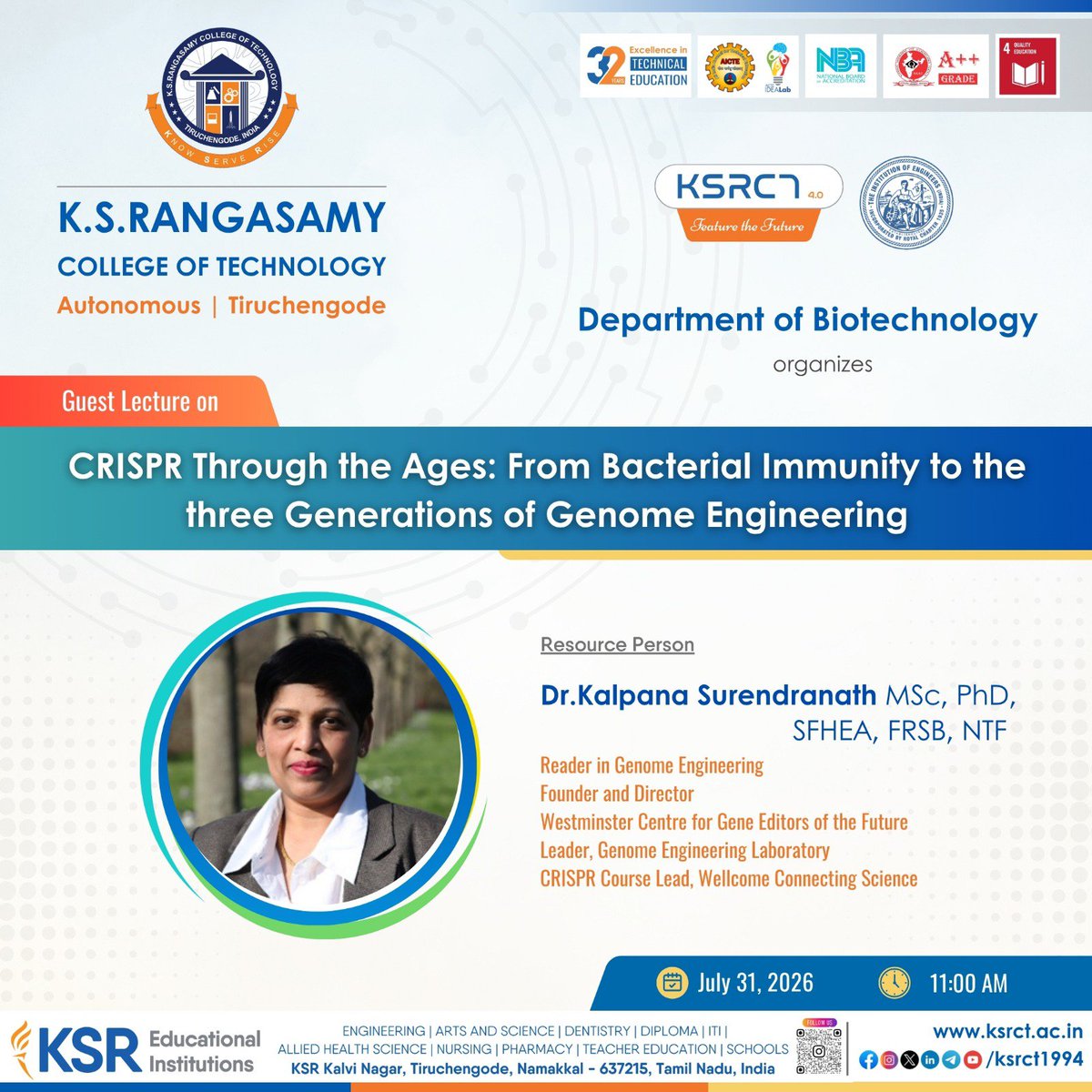 ksrct1994's tweet photo. Guest Lecture: CRISPR Through the Ages — From Bacterial Immunity to the Three Generations of Genome Engineering 

#KSRCT #CRISPR #GenomeEngineering #Biotechnology #GeneEditing https://t.co/VB6YWu8a6Z