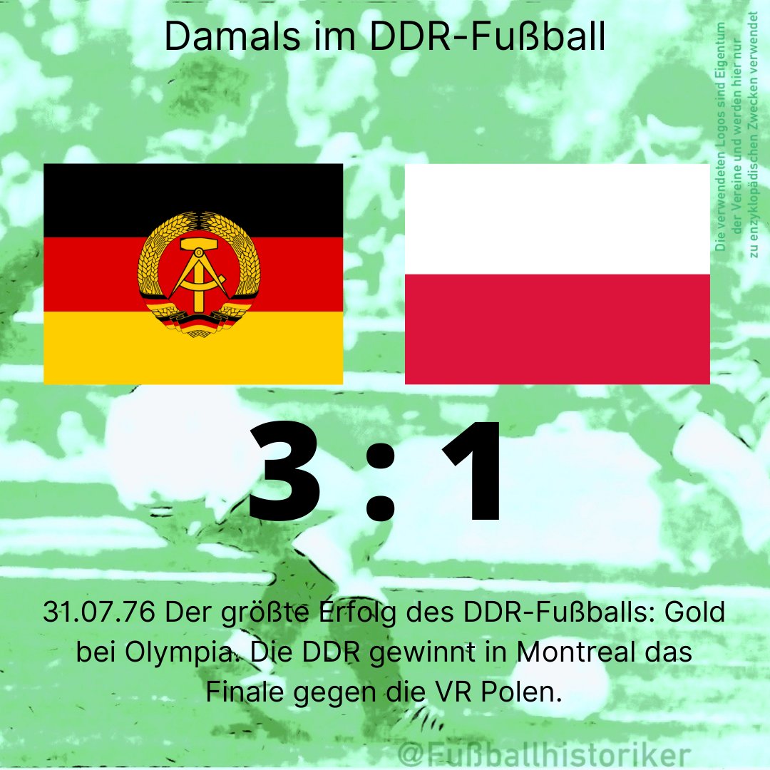 FussballDdr's tweet photo. 📌 31.07.76

Die #GDR gewinnt olympisches Gold – der größte Erfolg des DDR-Fußballs.

Mit einem souveränen 3:1 gegen Polen sichert sich die DDR vor 72.000 Zuschauern den Olympiasieg.
Schade, Hoffmann und Häfner erzielen die Tore.

Nach dem Endspiel beendet Kapitän Bernd Bransch seine Karriere.

Ein historischer Höhepunkt im DDR-Fußball.

#DDRFußballkalender #DDR #Oberliga #Fußballgeschichte #Olympia #GDR #Olympiasieger