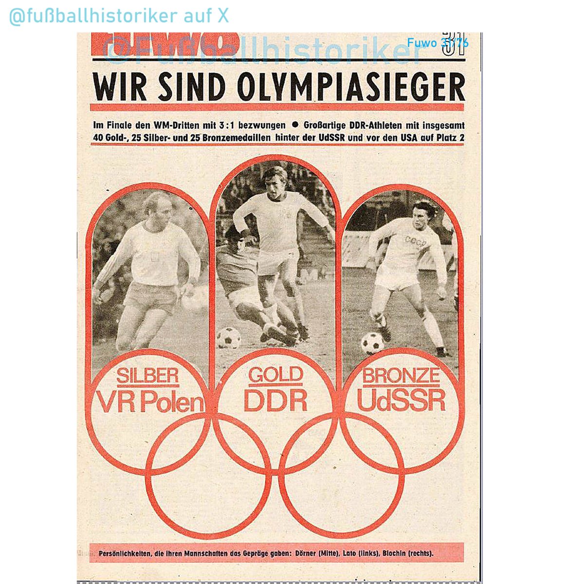 FussballDdr's tweet photo. 📌 31.07.76

Die #GDR gewinnt olympisches Gold – der größte Erfolg des DDR-Fußballs.

Mit einem souveränen 3:1 gegen Polen sichert sich die DDR vor 72.000 Zuschauern den Olympiasieg.
Schade, Hoffmann und Häfner erzielen die Tore.

Nach dem Endspiel beendet Kapitän Bernd Bransch seine Karriere.

Ein historischer Höhepunkt im DDR-Fußball.

#DDRFußballkalender #DDR #Oberliga #Fußballgeschichte #Olympia #GDR #Olympiasieger