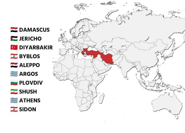 simongerman600's tweet photo. The world’s oldest continuously inhabited cities follow a clear geographical pattern: reliable water, fertile land and ancient trade routes stretching from the Fertile Crescent into the eastern Mediterranean. Good geography compounds for thousands of years. Source: https://t.co/xVUxStLLOT
