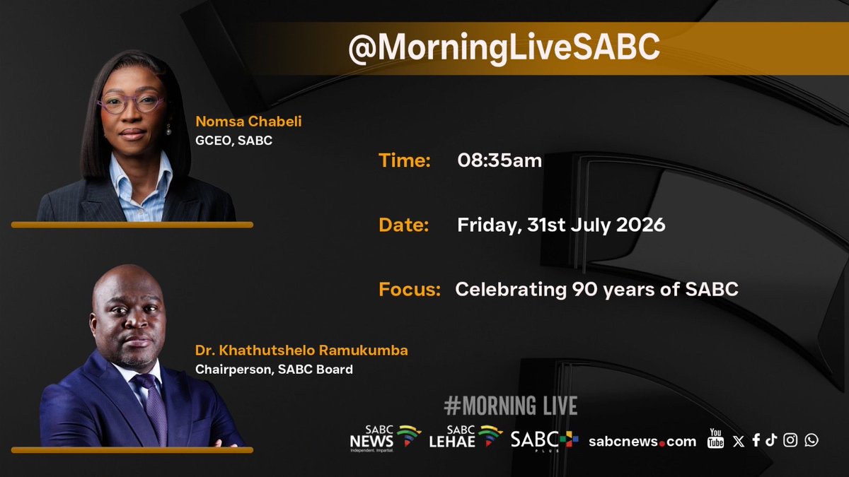 MorningLiveSABC's tweet photo. [COMING UP] 

The South African Broadcasting Corporation has been serving million of citizens through informational, educational, and entertainment for 90 years. To celebrate this milestone we are joined by the SABC GCEO and Board Chairperson

#SABC90
#MorningLive
#SABCNews https://t.co/2j2WqQ2UPD