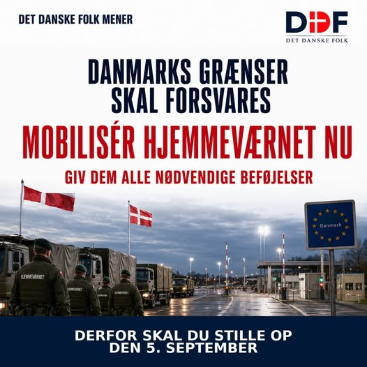 DK_DDF's tweet photo. Danmark skal mobilisere Hjemmeværnet ved grænsen med alle nødvendige beføjelser til at standse og afvise indtrængen.

Spanien var sidste advarsel.

Vi ses 5. september.
https://t.co/Ixwpl8lr7M
https://t.co/mOzeOFyCaq

#dkpol #dkmedier https://t.co/kp5gNibBw8