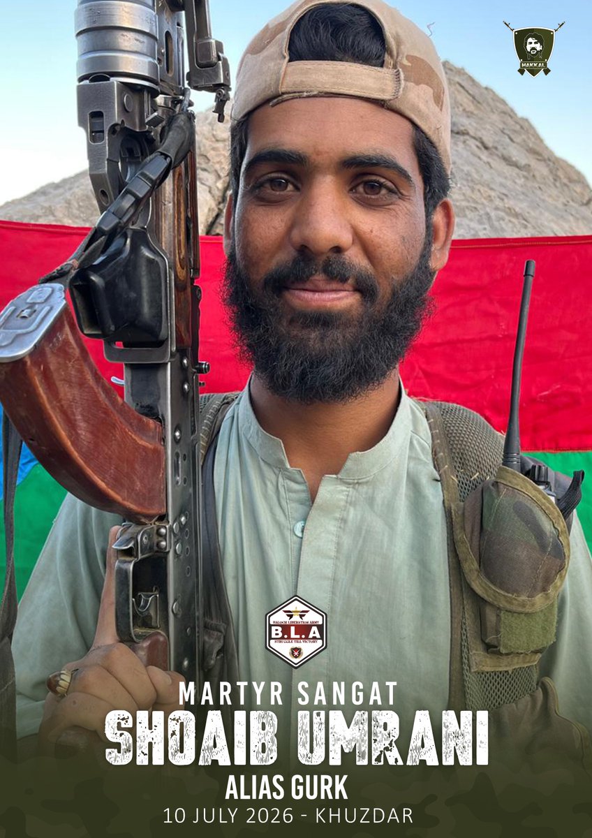 SangatMedia's tweet photo. نام: شعیب عمرانی
عرف: گُرک (گورگین)
ولد: علی بخش عمرانی
سکنہ: باغبانہ، خضدار
عمر: 21 سال
شمولیت: 2025
محاذ: قلات، خضدار
شہادت: 10 جولائی 2026، زیدی، خضدار

قلات اور خضدار کے محاذ پر اپنی جنگی تاریخ رقم کرنے والے سرمچار شعیب عمرانی عرف گُرک نے پنجابی تسلط اور غلامی کی ذلت بھری زندگی کو قبول کرنے کے بجائے قومی آزادی کے کاروان کا حصہ بننے کا فیصلہ کرتے ہوئے 2025ء میں بلوچ لبریشن آرمی کے صفوں میں خود کو فعال کیا۔ بنیادی فوجی کورسز مکمل کرنے کے بعد انہوں نے جنگی زون میں اپنی خدمات دینے کا فیصلہ کیا اور تنظیمی احکامات پر قلات و خضدار کے محاذ پر سرگرم رہے۔ فکری اور نظریاتی حوالے سے مضبوط سوچ کے مالک شعیب عمرانی نے جلد ہی جنگ کی چالوں اور حکمت عملی کو سیکھ لیا اور دشمن پر ضربیں لگانا شروع کر دیں۔

انہوں نے جنگی محاذ پر ایک چست و چالاک، نظم و ضبط کے پابند، جرات مند، باعظمت اور پُرعزم سرمچار کے طور پر اپنی ذمہ داریاں بخوبی نبھائیں۔ اپنے فوجی مشنز کی تکمیل کے لیے وہ سخت محنت، مشقت اور بھرپور تیاری کرنے والے ساتھی کے طور پر جانے جاتے تھے۔ جب بھی ان کا دشمن سے سامنا ہوا، انہوں نے بہترین پیشہ ورانہ مہارت، بہادری اور جذبہ قربانی کے ساتھ اس کا مقابلہ کیا اور غیر معمولی حوصلہ مندی کا مظاہرہ کیا۔ انہوں نے صرف ہتھیاروں سے ہی نہیں بلکہ انقلابی حوصلوں کے ساتھ بھی دشمن کا مقابلہ کیا۔ اسی انقلابی شعور نے انہیں پورے عرصے کے دوران مضبوط رکھا، اور وہ ایک ثابت قدم سرمچار کے طور پر دشمن کے خلاف مورچہ زن رہے۔ انہوں نے کئی مرتبہ قابض فوج کو جنگی محاذ پر سنگین نقصانات سے دوچار کیا اور علاقے میں تنظیمی برتری قائم رکھنے میں اپنے دیگر ساتھیوں کی بھرپور مدد کی۔

انہوں نے آخری لمحے تک اسی فکر و شعور کو اپنے ساتھ رکھا اور مسلسل دشمن کا مقابلہ کرتے رہے۔ 10 جولائی کو زیدی میں انہوں نے مادر وطن کی آزادی و عظمت کے لیے خود کو قربان کر دیا اور بلوچ قومی تاریخ کے ان عظیم شہدا کے صفحوں میں شامل ہوئے جنہوں نے بلوچ قومی شناخت کے تحفظ اور بقا کو یقینی بنایا ہے۔