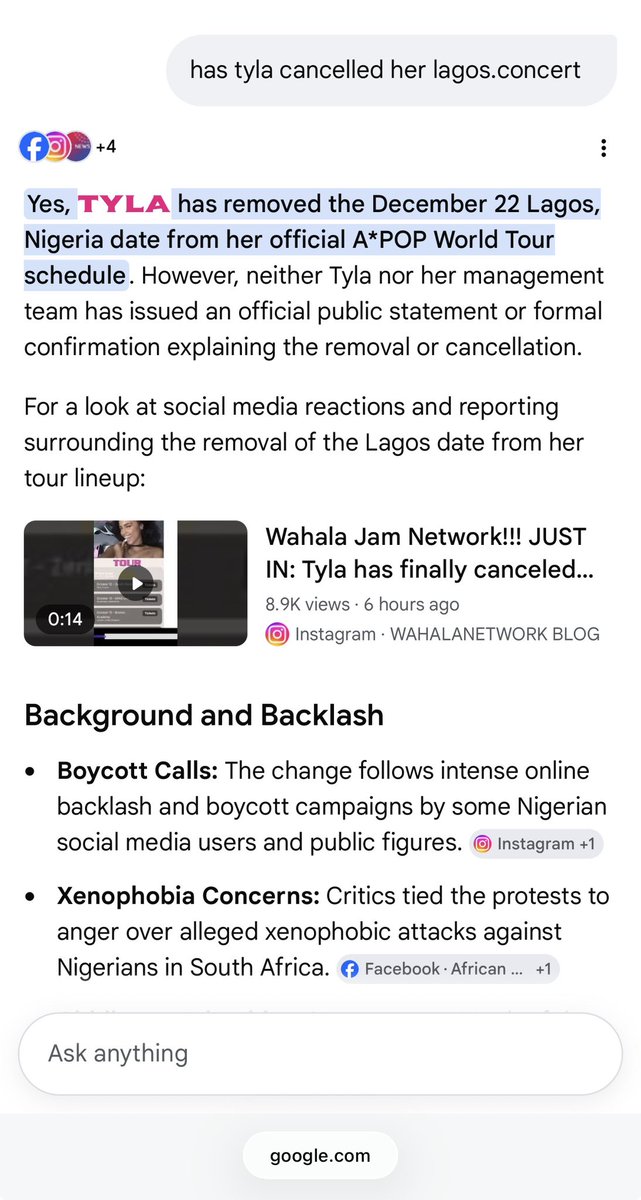 OurFavOnlineDoc's tweet photo. To whom it may concern:

Tyla has finally removed the Dec 22 Lagos  date from her official A*POP World Tour schedule. So the highly talked-about concert in Lagos has been cancelled.

The compromised bastards in Nigeria who are eager to watch her can go to Cape Town and see her.

If xenophobic animals from your country are murdering Nigerians and you say nothing about it, Nigerians also have a right to boycott your show. If others cannot come to your own country to work and make money, you should also not go to other people’s country to make money. It is that simple.